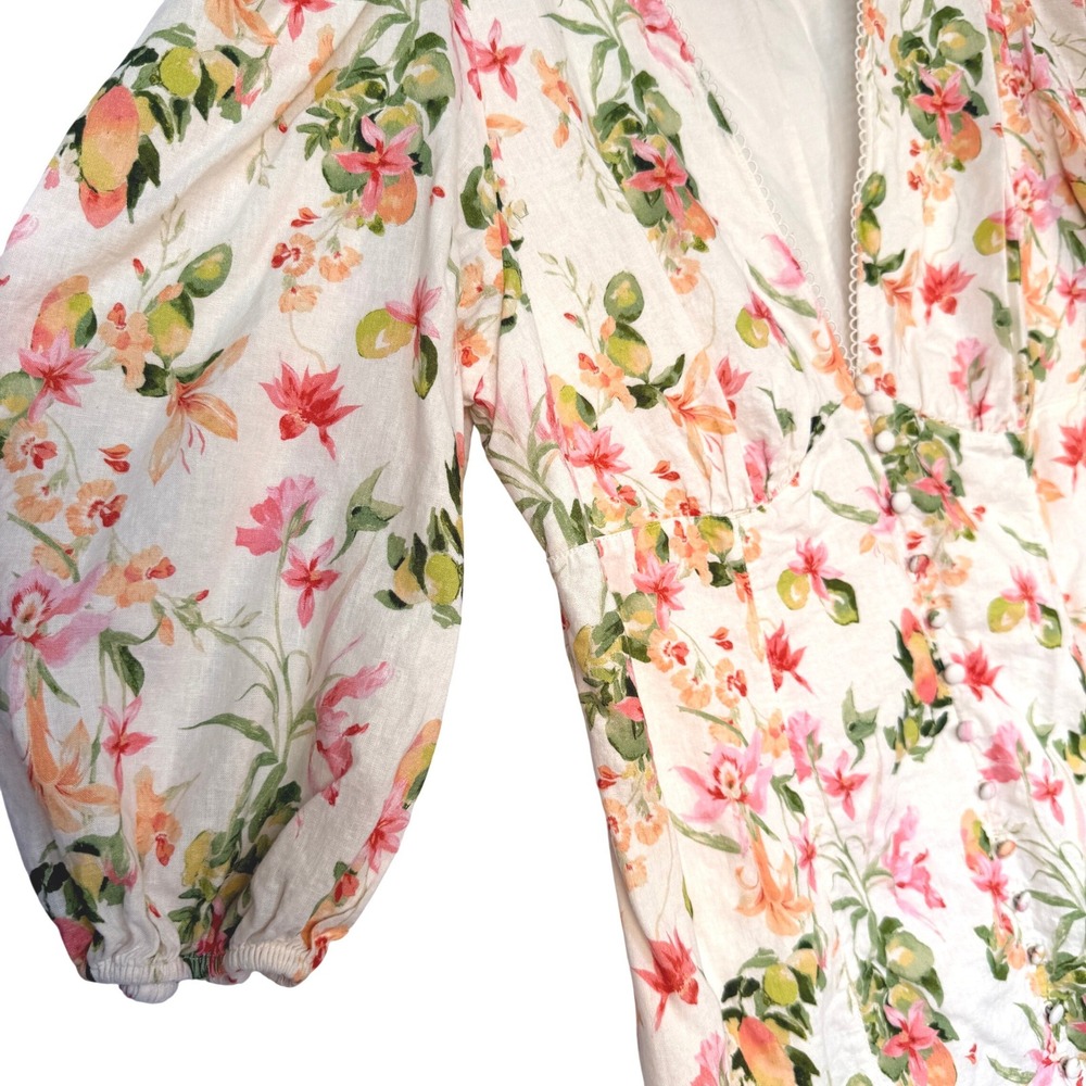 H&M Linen Blend Floral Citrus Puff Sleeve Button Front Mini Dress Cream XL - Picture 10 of 13